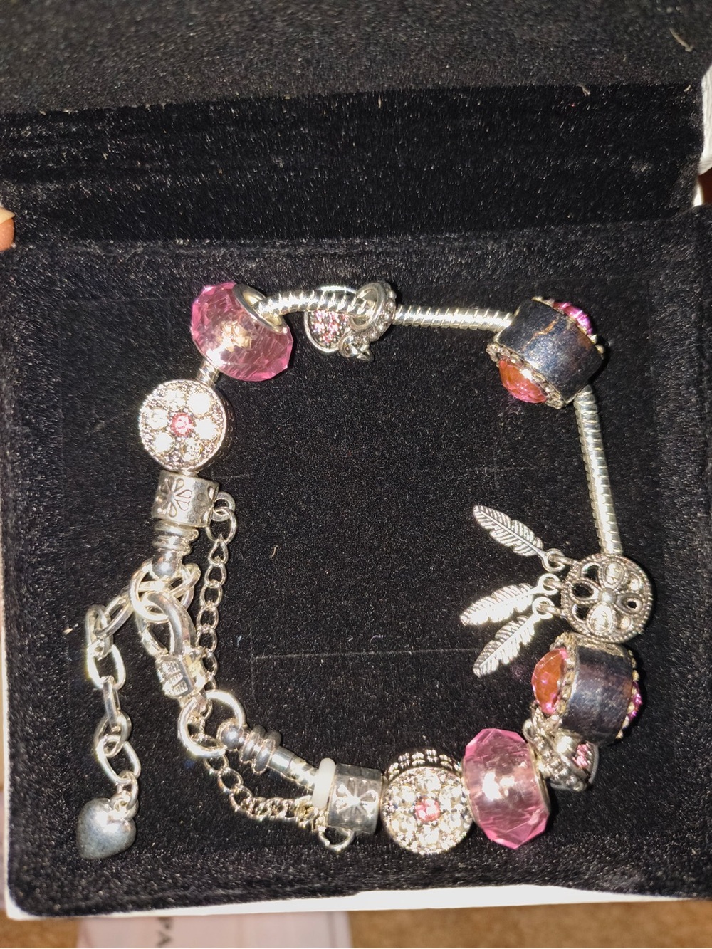 Silver Charm Bracelet with Pink Crystal and Feather Charms